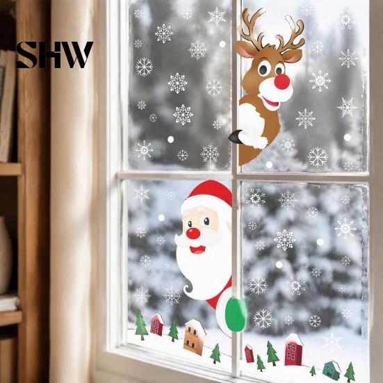 Snow Scene Glass Stickers 4Pcs Christmas Santa Claus & Reindeer Static Window Clings with Snowflake, PVC Removable Decals, Reusable for Home