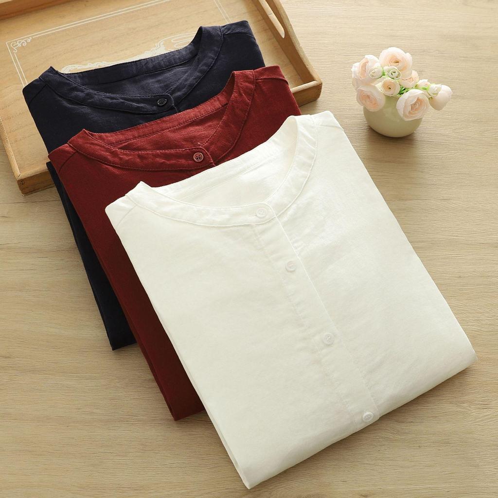 Women's Stand Collar Long Sleeve Cotton Gauze Shirt - Solid Color, Breathable, Slimming, 2026 Spring/Autumn Collection