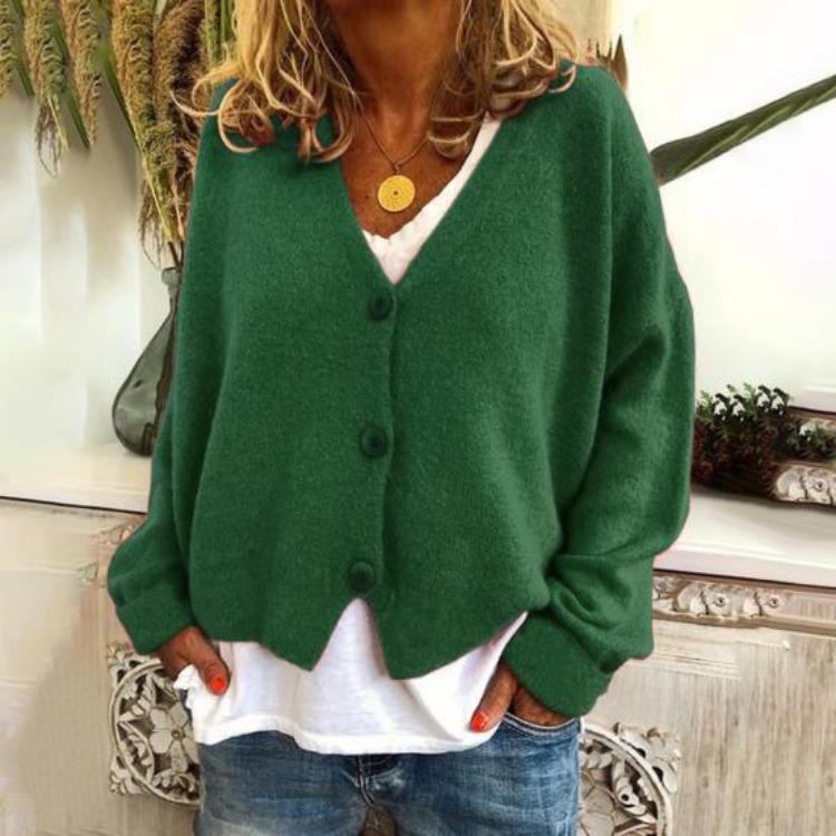 Lockere Passform V-Ausschnitt Pullover Mantel Langarm Strickjacke Einfarbig Gestrickt Damen Pullover