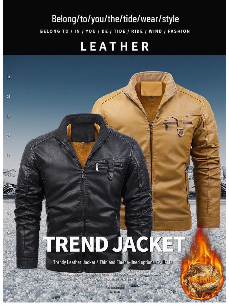 Men's Leather Motorcycle Jacket - European Size, Autumn/Winter, Warm Velvet, Casual PU Leather with Stand Collar.