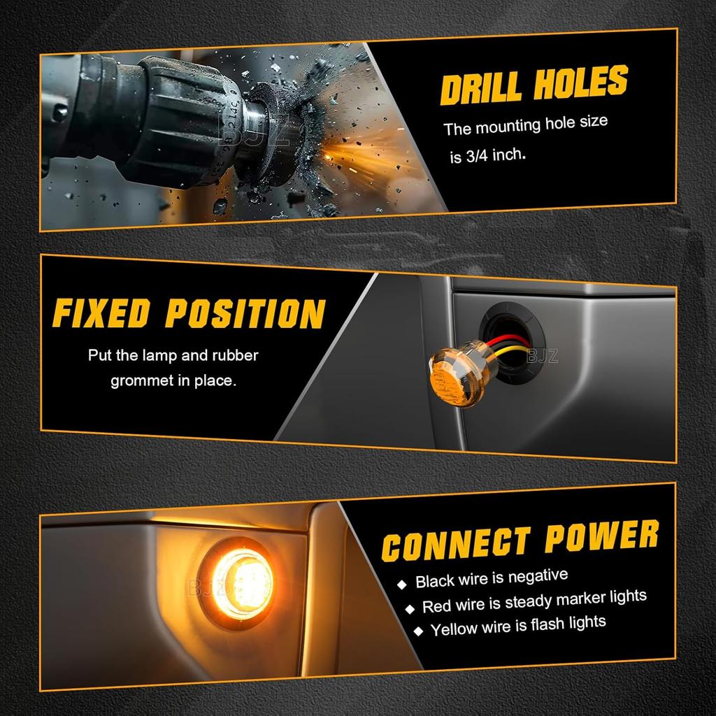 BJZ 3/4" Strobe+Marker Lights Dual Function Amber Trailer LED Side Clearance Tail Bumper Griller Flash Lights 12V Turn Signal Warning Indicator