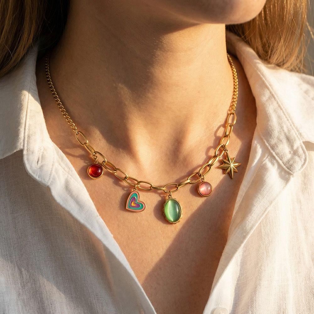 18 K Gold Plated Pendant Necklace Stainless Steel Choker Necklaces Charm Chain Women's Jewelry