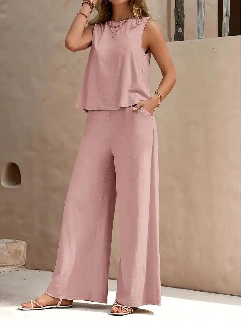 Elegant Solid Color Two-Piece Set: Crew Neck Tank Top & Wide-Leg Pants - Women's Clothing 2026