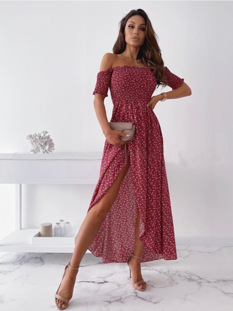 Women Summer Off Shoulder Floral Slim Slit Long Maxi Comfortable Dress Lightweight High Recognition Elegant with Flattering Chic Dress