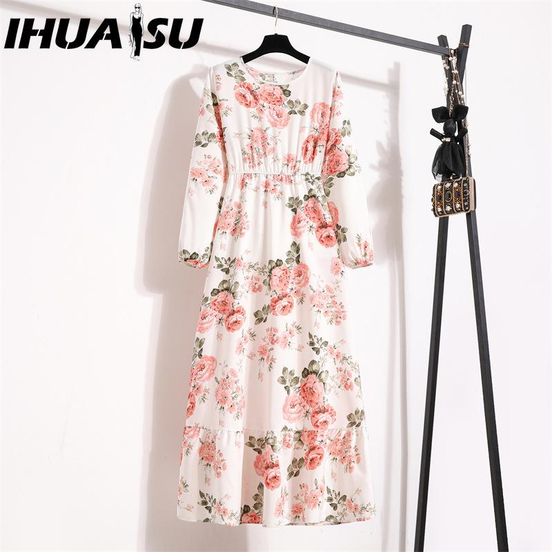 IHUASU 25 Colors Spring Women Maxi Dresses Casual Long Sleeve Floral Print O-Neck Ladies Long Dress Bohe Beach Party Mujer Vestidos Muslim Dress