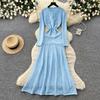Pink knitted dress women's long-sleeved A-shaped skirt high waist and thin commuter temperament skirt small fragrant style long skirt