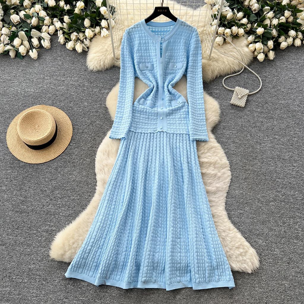 Pink knitted dress women's long-sleeved A-shaped skirt high waist and thin commuter temperament skirt small fragrant style long skirt