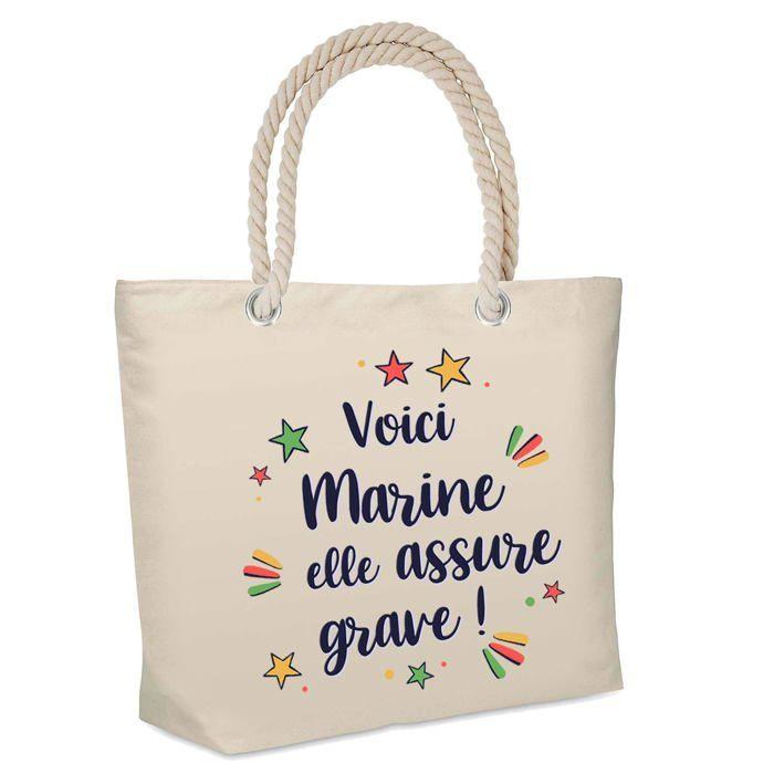 Sac cabas - PLANETEE - Isotherme de plage « Marine elle assure grave ! » - Jute - Beige - Grande contenance