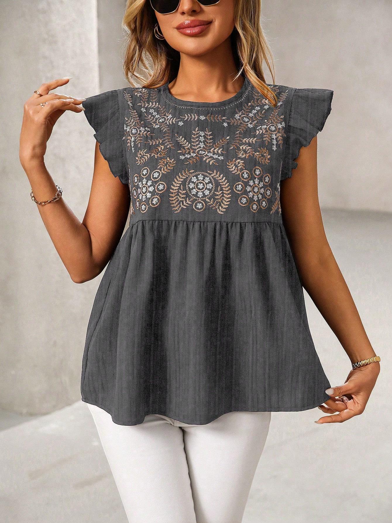 Women S Embroidered Ethnic Style Flutter Sleeve Oversized Casual Short Blouse S серый