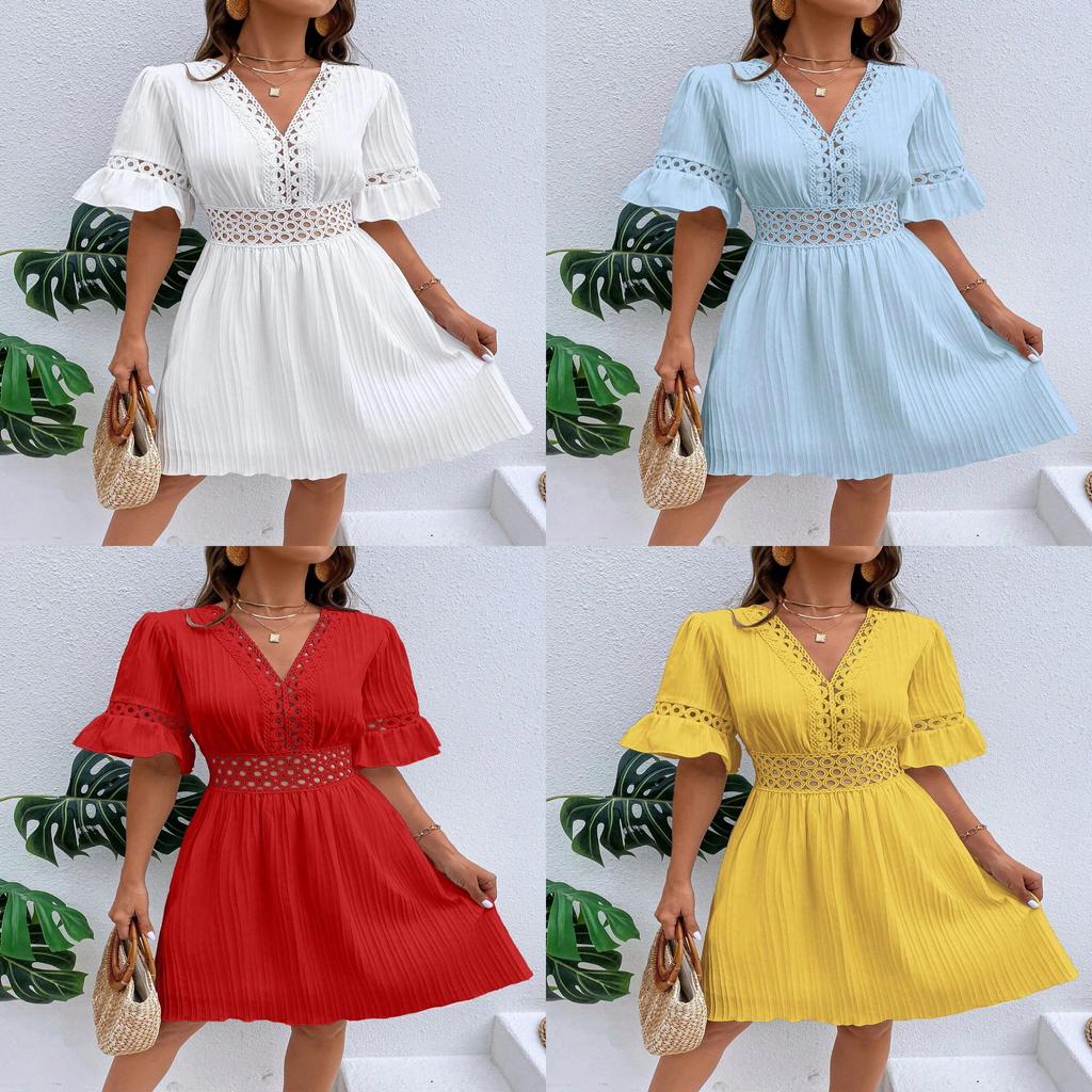 Polyester Lace Patchwork V Neck Waist Dress For Summer Street Style Womens Fashion