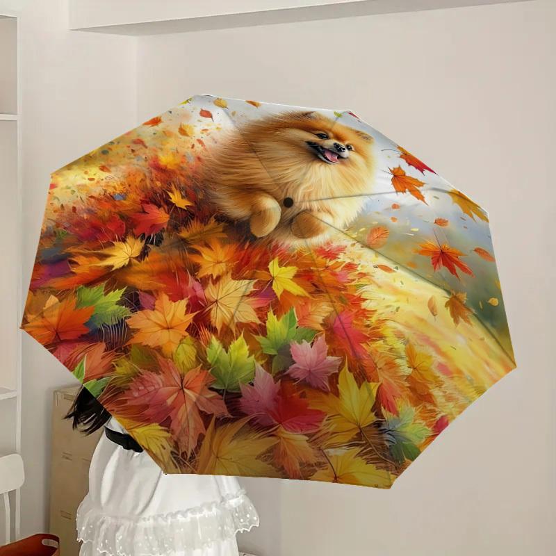 1pc Autumn Leaves Pomeranian Automatic Folding Umbrella, 8 Ribs Iron Frame, Suitable for Outdoor Travel and Daily Use Yy251120204
