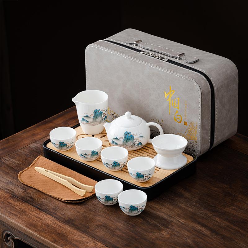 Suet Jade White Porcelain Tea Set Guochao Set Office Storage Kung Fu Tea Set Business Gift Tea Set