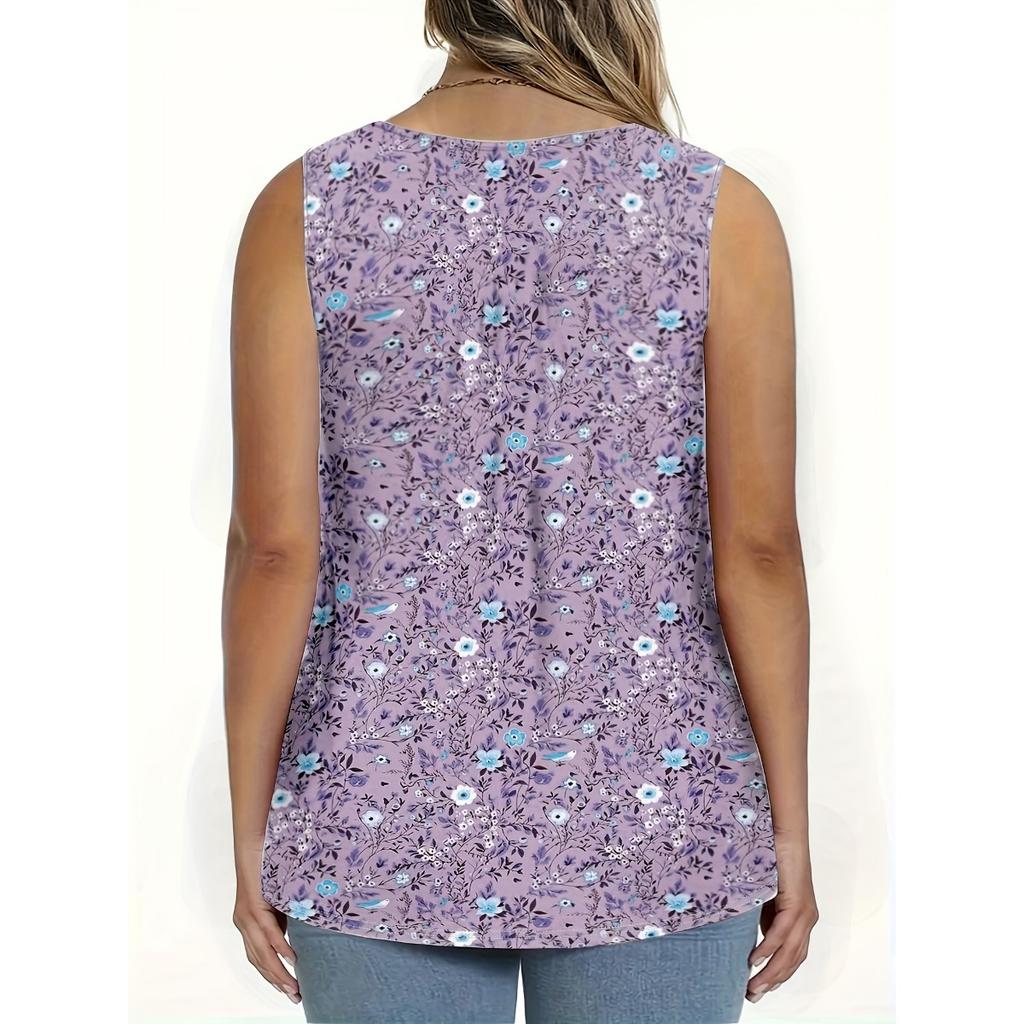 Summer Small Floral Print Round Neck Knit Sleeveless Vest Top Women