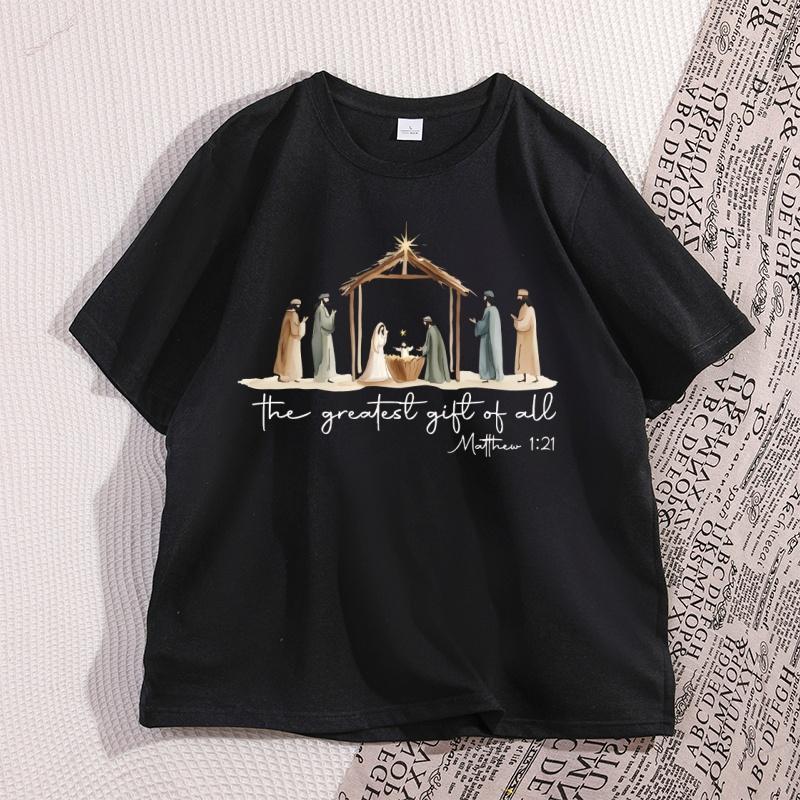 The Greatest Gift of All Tshirt Nativity Religious Christmas T Shirt Jesus Love TShirt Casual Cotton Round Neck Graphic Tees