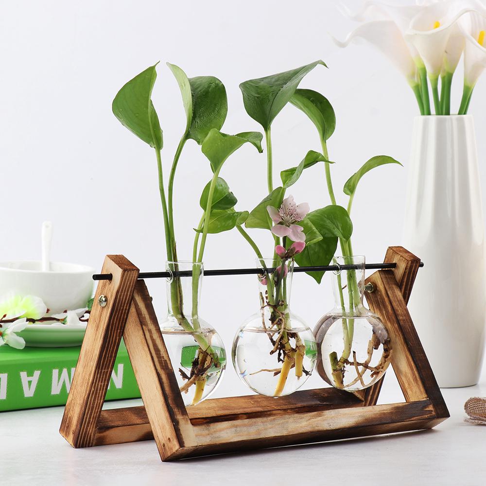Vintage Wooden Frame Vase Plant Terrarium with Wooden Stand Glass Vase Desktop Glass Planter for Home Office Decoration