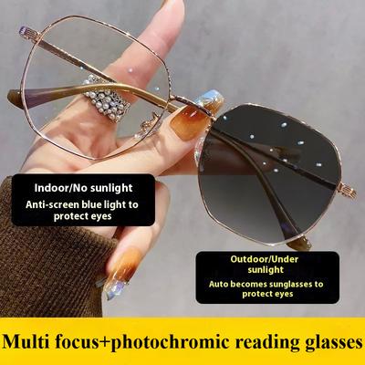 Photochromic Progressive Multifocal Reading Glasses, Both Near and Far, Full Frame Presbyopia Glasses, Anti Blue Light