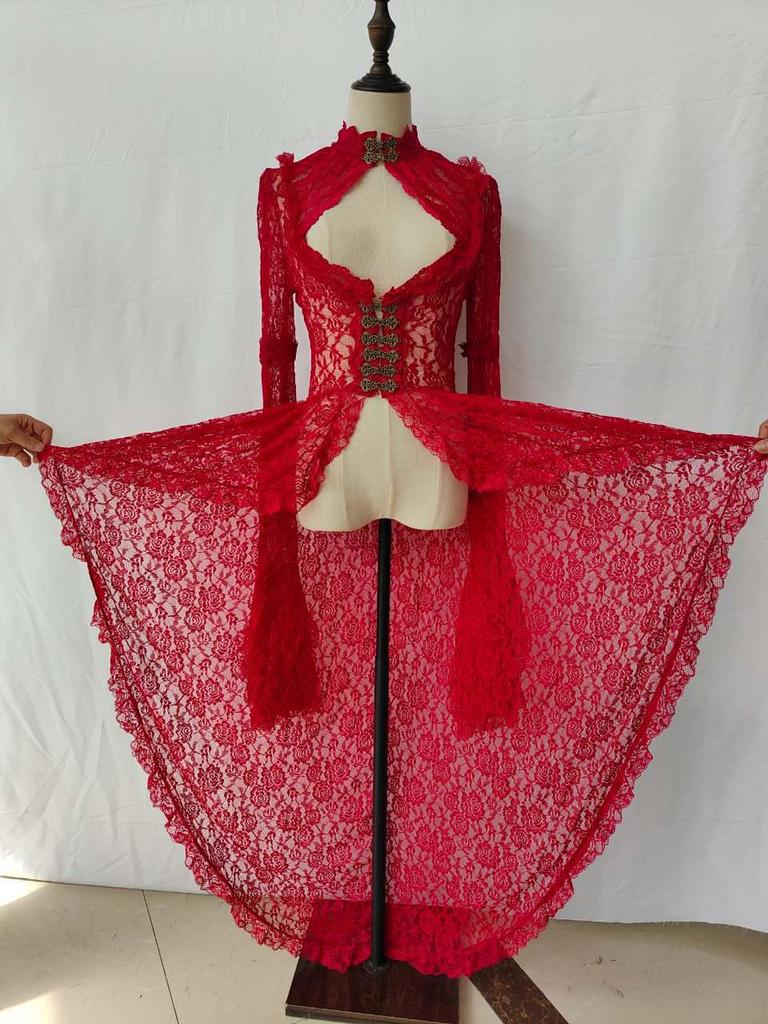 2025 Retro-Spitzenkleid mit Stehkragen, Trompetenärmeln und Schwalbenschwanzrock