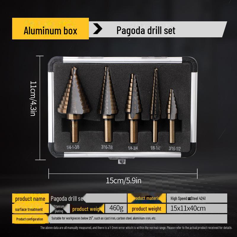 British 5-Piece Aluminum Step Drill Bit Set - Black & Yellow Multi-Function Pagoda Drill Tool
