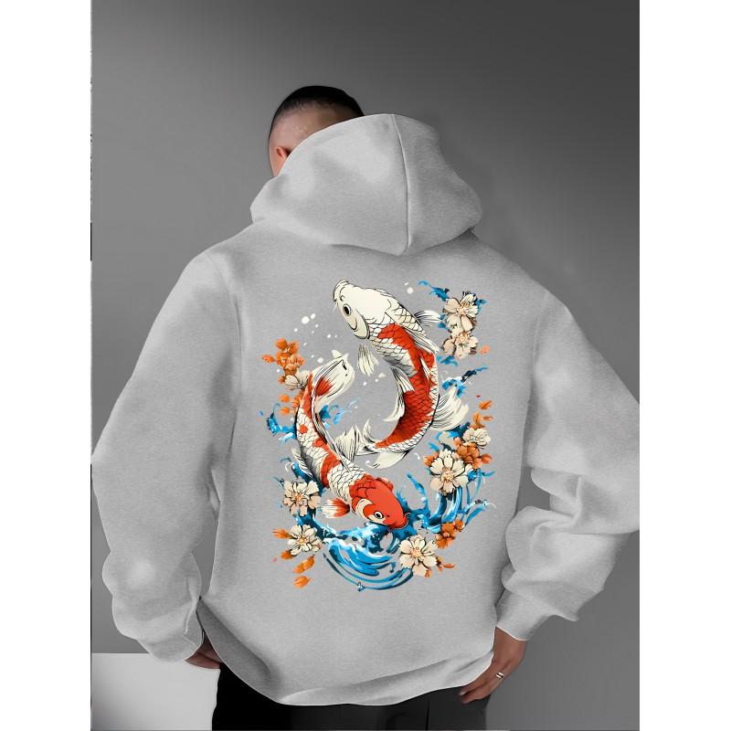 Unisex Oversized Hooded Sweatshirt With Japanese Ukiyo-e Cherry Blossom Koi Fish Print Soft Fleece-Lined Casual Top