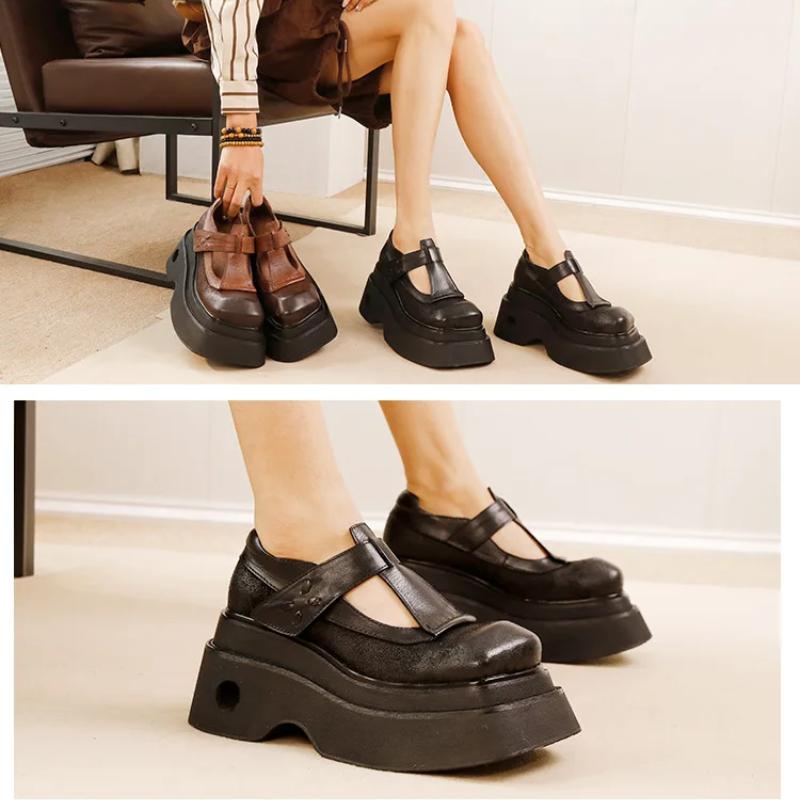 Johnature Vintažiniai storo pado kvadratinio piršto aukštakulniai, natūralios odos aukštinantys moteriški platforminiai batai