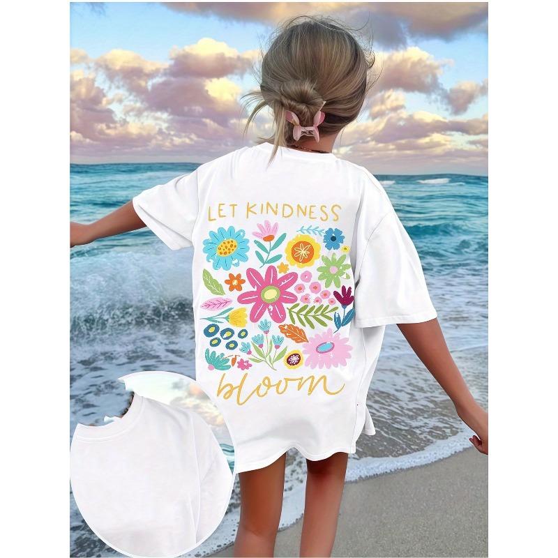 

European sizes White T-Shirt for Girls - Features Vibrant Floral Design with Text in Bold Yellow and Colorful Bouquet 164cm білий