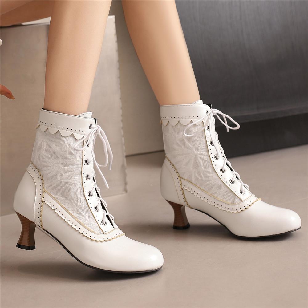 New Lace Up Ladies High Heel Shoes Strange Steampunk Boot Victorian Ankle Boots Women Pointed Toe Thick Soled Short Boots