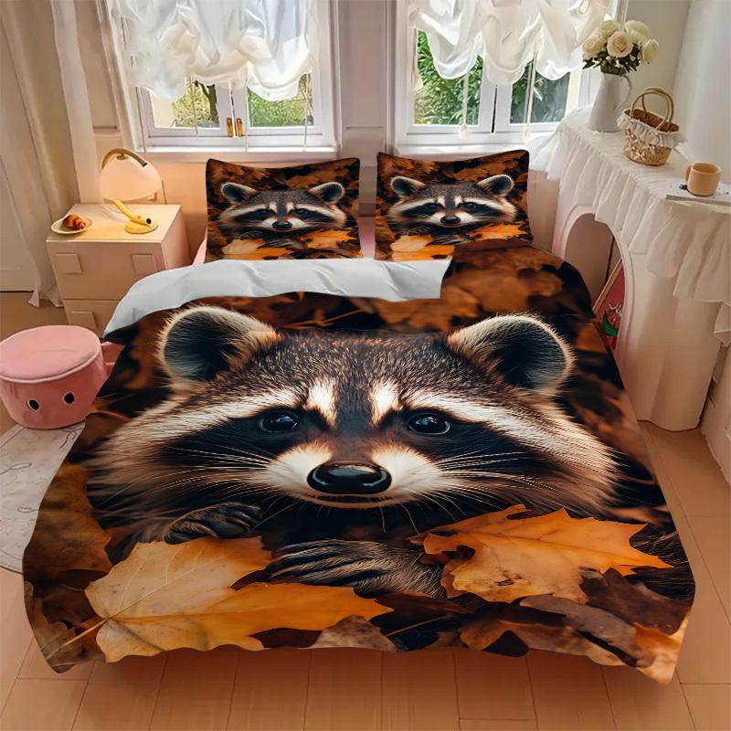 3pcs Raccoon, Autumn Leaves Duvet Cover Set - Machine Washable, Includes 1 Cover and 2 Pillowcases, No Core Included yy251013096