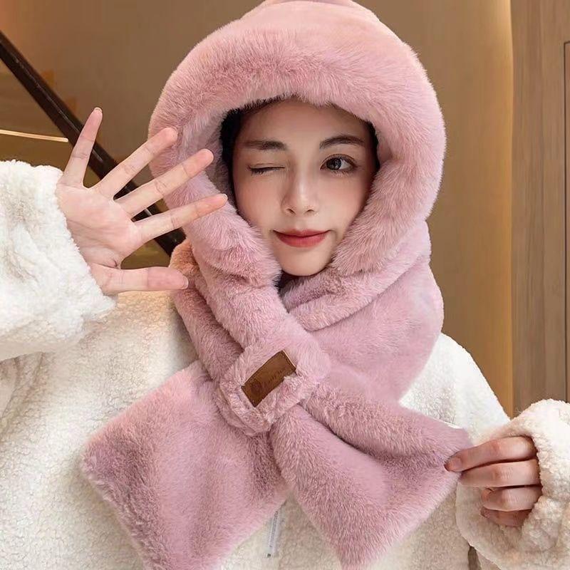 Hat Scarf Integrated Women's Winter Cycling Wind-Proof Cap Cold-Proof Warm All-Matching Plush Thickened Scarf Round Face Ear Protection