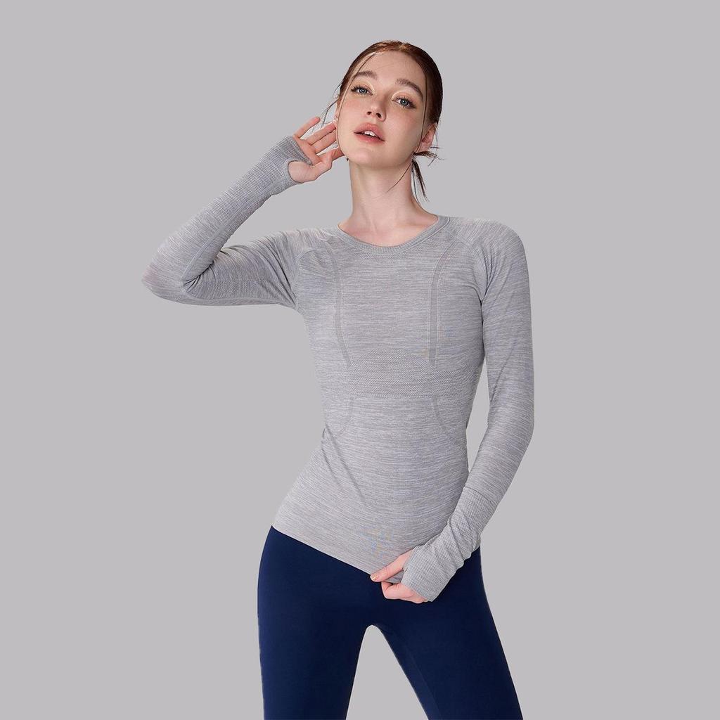 Women's Seamless Waist-Cinched Round Neck Long Sleeve Yoga Top: Breathable, High Elasticity, Shaping, Fitness Base Layer.