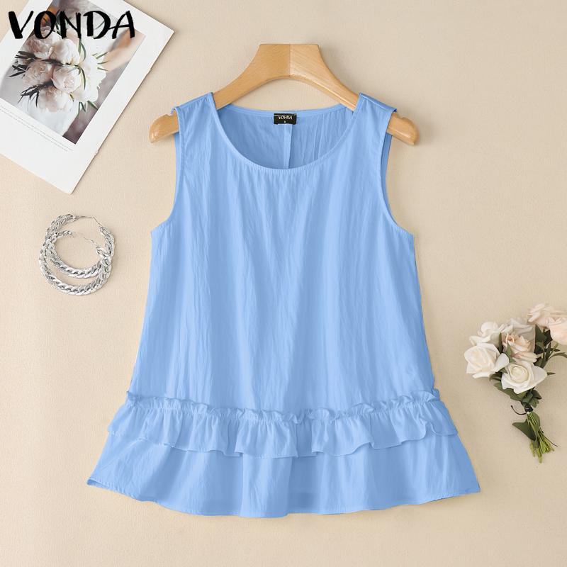 

VONDA Women Summer Tank Tops Sleeveless Round Neck Ruffled Casual Blouse 3XL