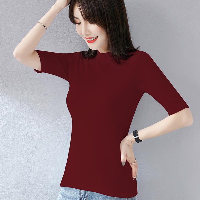 Women's Slimming Fitted T-Shirt: Round, V-Neck, or Mock Neck; Short or Three-Quarter Sleeves; Semi-High Neck Basic Top.