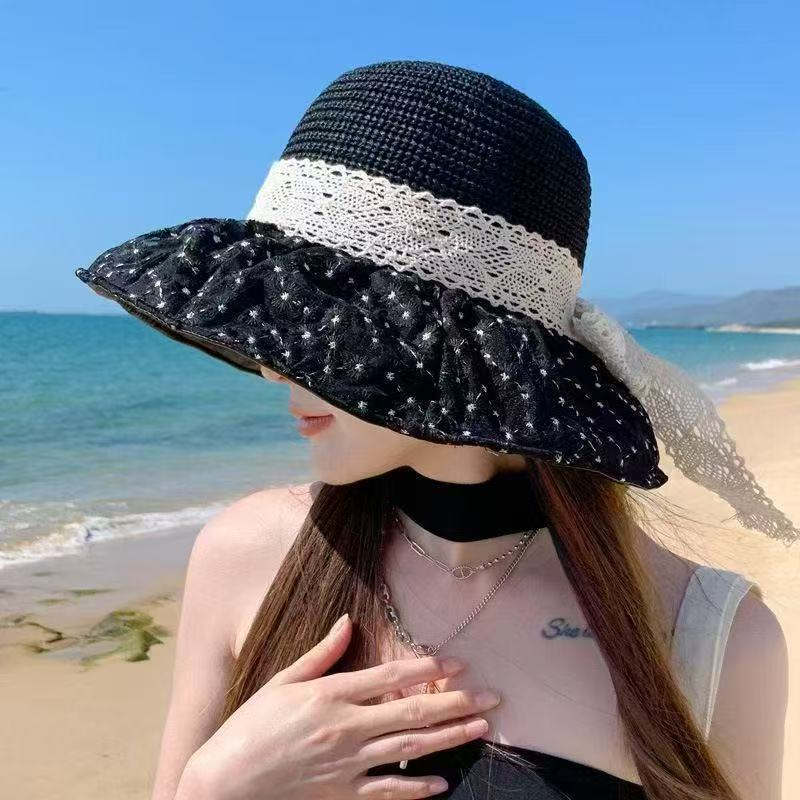 Straw hat women's summer Japanese lace strap flat top sun hat seaside sun shade beach small fresh burr edge sun hat