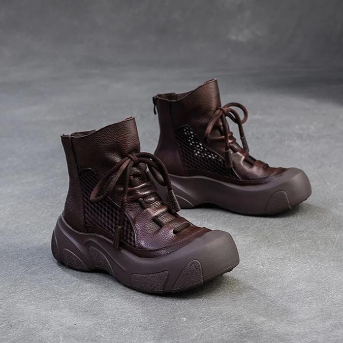 Johnature Cizme din piele naturală cu decupaje, retro, lucrate manual, cu vârf rotund, respirabile, pentru femei, cu talpă groasă