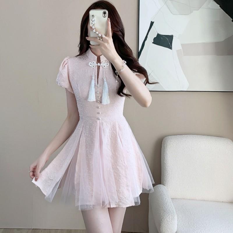 Elegant A-Line Midi Dress With Mandarin Collar Short Sleeve Princess Fit-and-Flare Style Women 2025