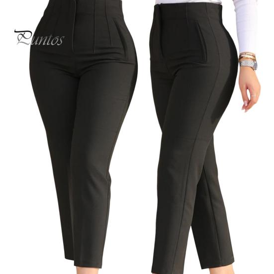 Work Pants High Waist Pleated Pockets Ninth-Length Women Trousers Female Solid Color Straight Leg Suit Office
