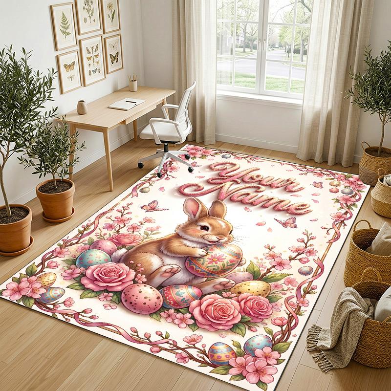 Easter Bunny Theme Crystal Velvet Rug Personalized Custom Name Text Soft Floor Mat Home Decor