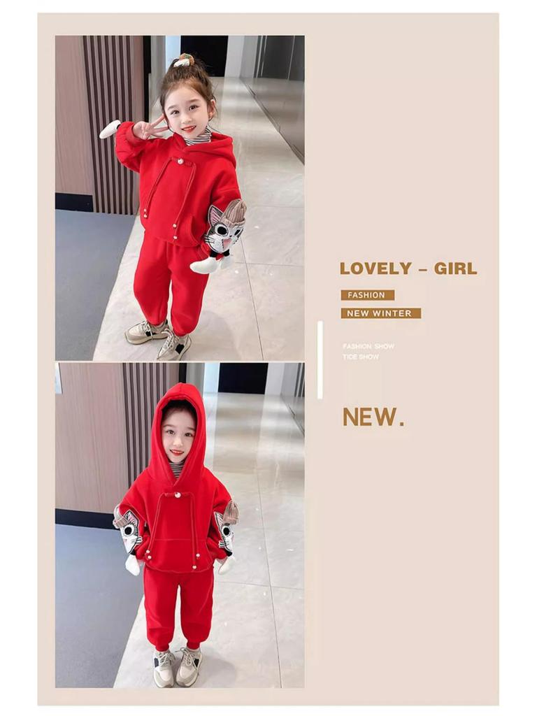 Trendy Girls' Cartoon Sweatshirt and Pants Set - Casual and Sporty Two-Piece Outfit