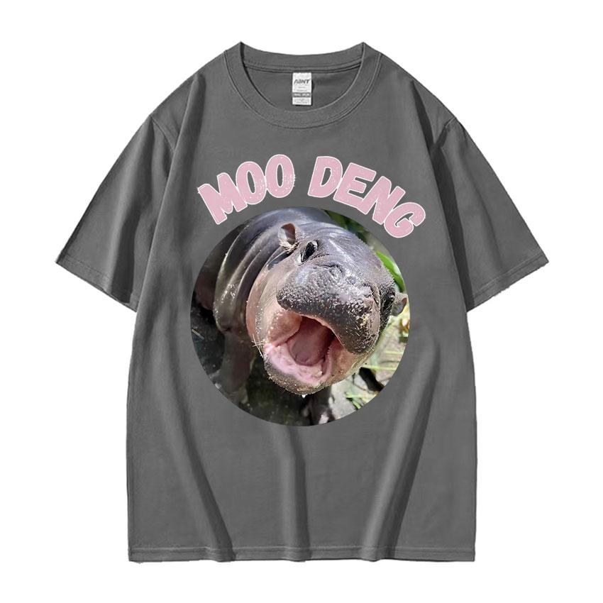 Moo Deng Bouncy Pig in Thai Picture The Cute Baby Hippo Funny Meme T Shirts Unisex Women Casual 100 Cotton Oversized Tshirt Tops