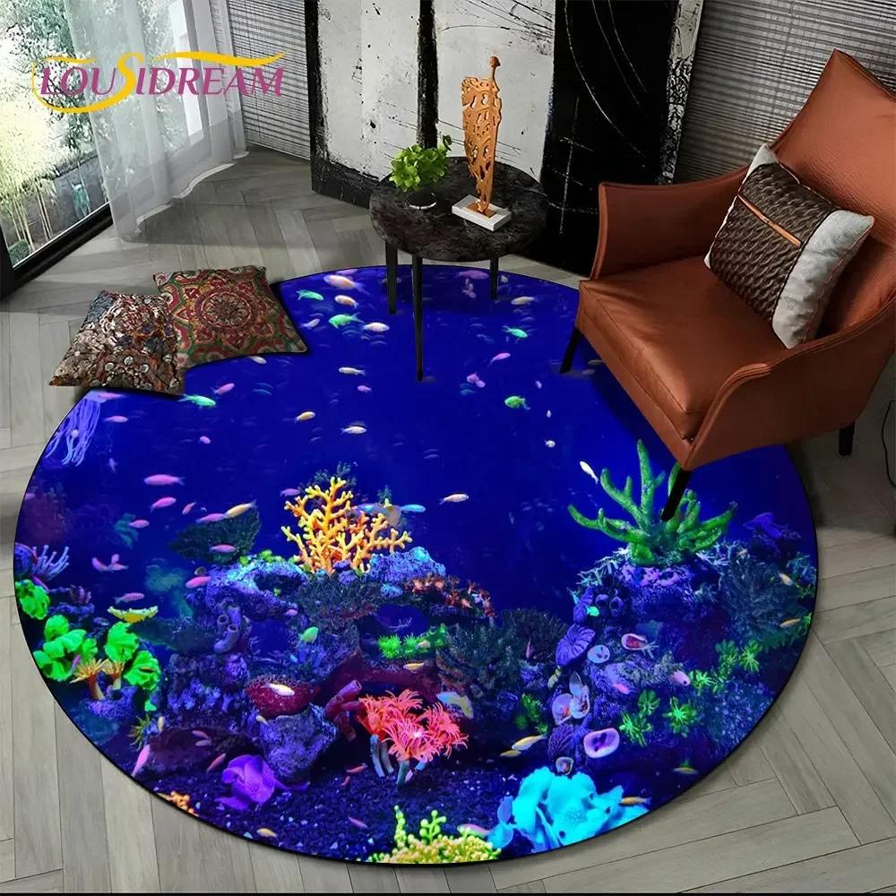 Unterwasserwelt Runder Bereichsteppich–Delfin & Schildkröte Ozean Teppich für Wohnzimmer oder Schlafzimmer–Rutschfeste Bodenmatte, Kinder Spielzimmer Deko
