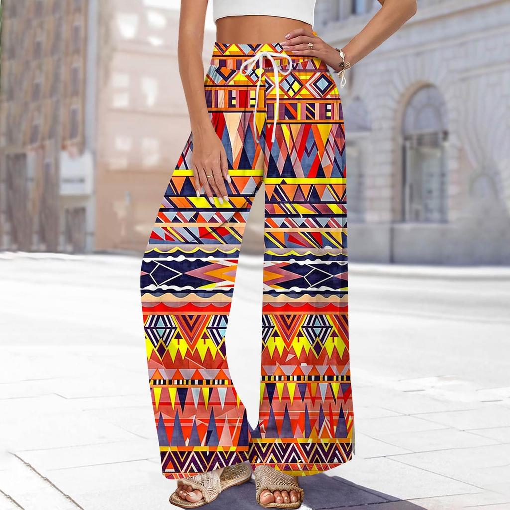 Dámské potištěné kalhoty s širokými nohavicemi s kapsami Vysoký pas Stahovací šňůrka Volné ležérní kalhoty