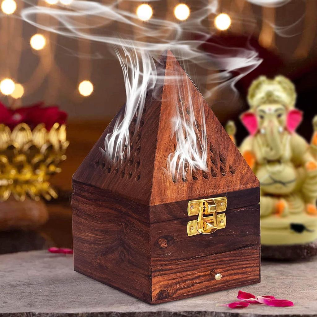 Wooden Dhoop, Incense Holder/Stand Pyramid Box with Wooden Drawer(6.5Inch)