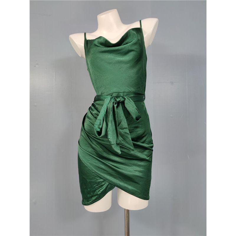 

Export Single European Station Sexy Youwu Pile Collar Swing Collar Sling Irregular Dress Green Elegant with Belt Green (with belt) XL