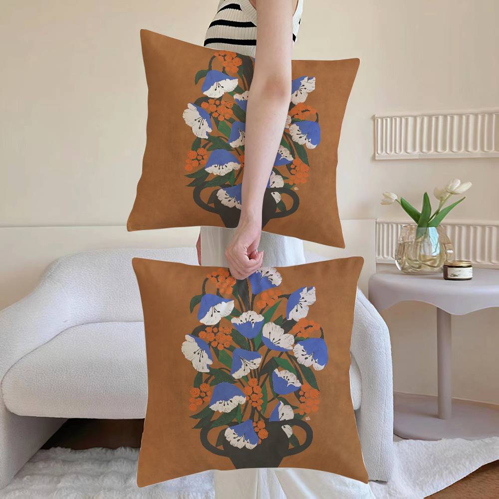 Vintage Vase Print Pillow Case Sofa and Living Room Decorative Cushion Covers Dust-proof and Mite-proof Invisible Zipper