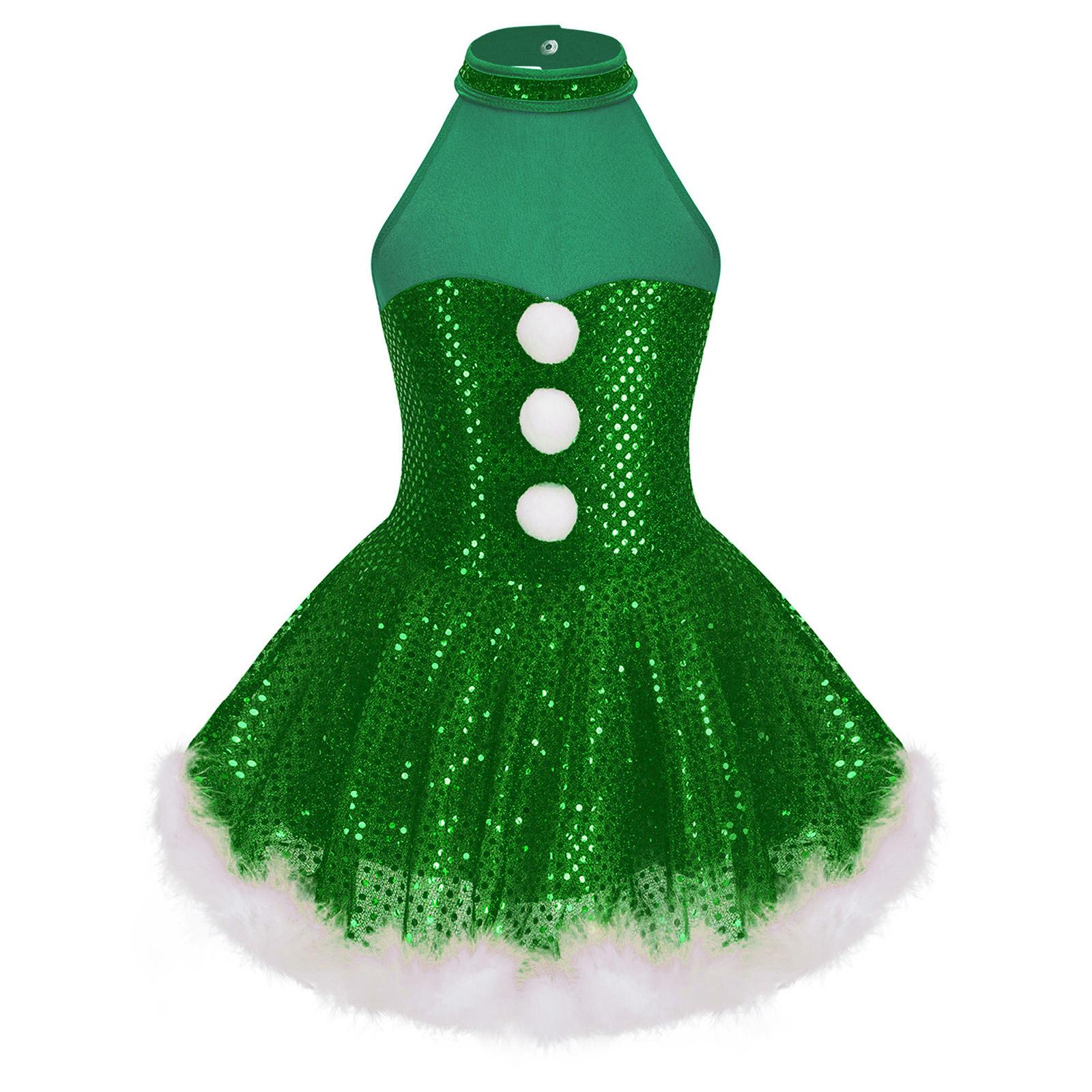 

Girls Christmas Snowman Costume Sleeveless Mesh Splice Caged Back Shiny Sequins Figure Ice Skating Dress 15-16 Years
