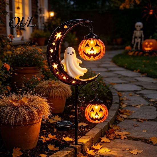 Dekorative Metall-Gartenstäbe Solar Halloween Gartenstecker-Licht, Automatisches Ein-/Ausschalten Halbmond Schwarze Katze mit Hängenden Gruseligen Außen-Terrassen-Akzenten Kürbis
