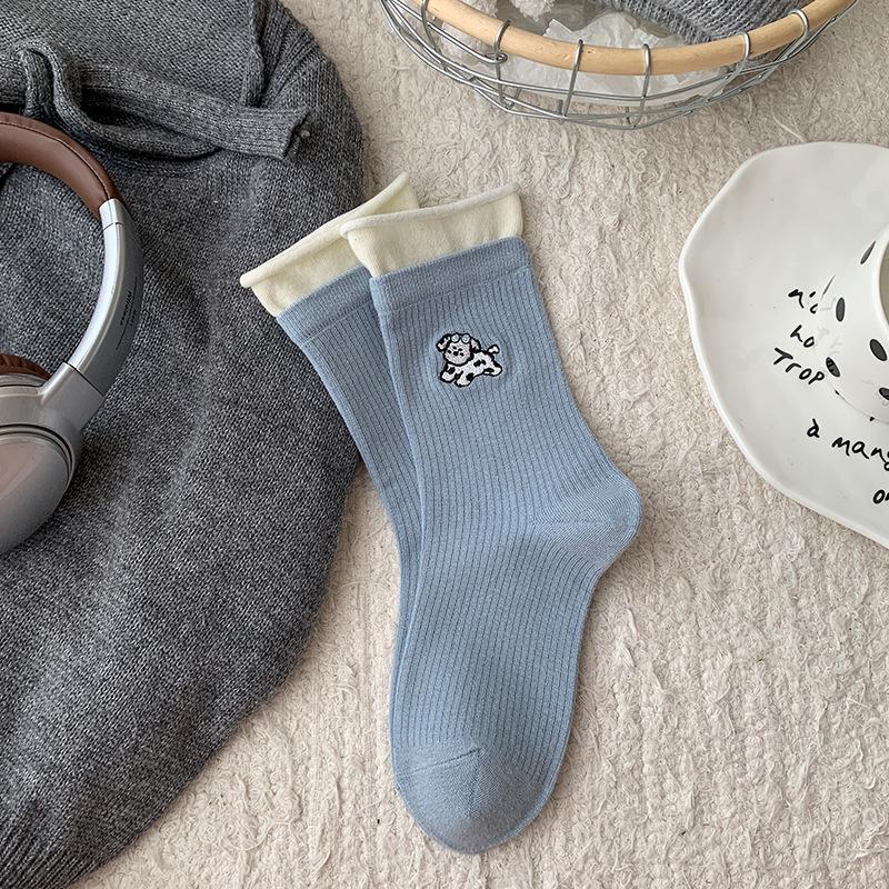 

Women s Striped Mid-Calf Socks with Puppy Embroidery - Japanese School Style and Double-Layered Slouch Design With Label & Hangable
