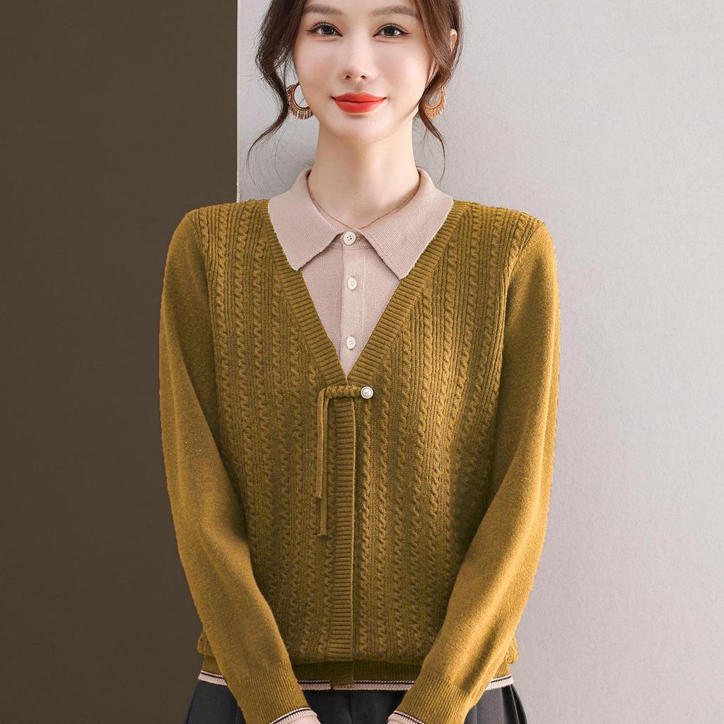 2025 Fashionable Mom's Knitted Two-Piece Look Lapel Sweater - Long-Sleeve Top for Middle-Aged Women, Perfect for Spring & Autumn