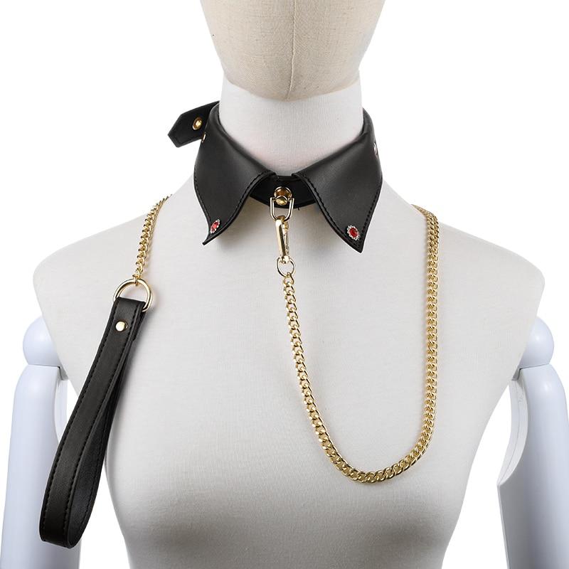 PU Leather Collar and Leash Neck Bondage Restraint with Steel Chain SM Sex Toy for Couple Women Men