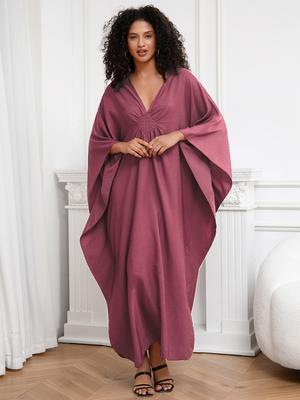 Deep Pink Kaftan Women's Robe Relaxed Homewear Lounge wear Versatile Swimsuit cover-up Bathrobe Beach dress Q1306