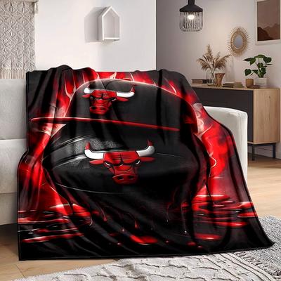 1pc Bulls Cap Basketball Cozy Print Blanket Lightweight Warm Flannel Throw Blanket For Sofa, Bed, Living Room